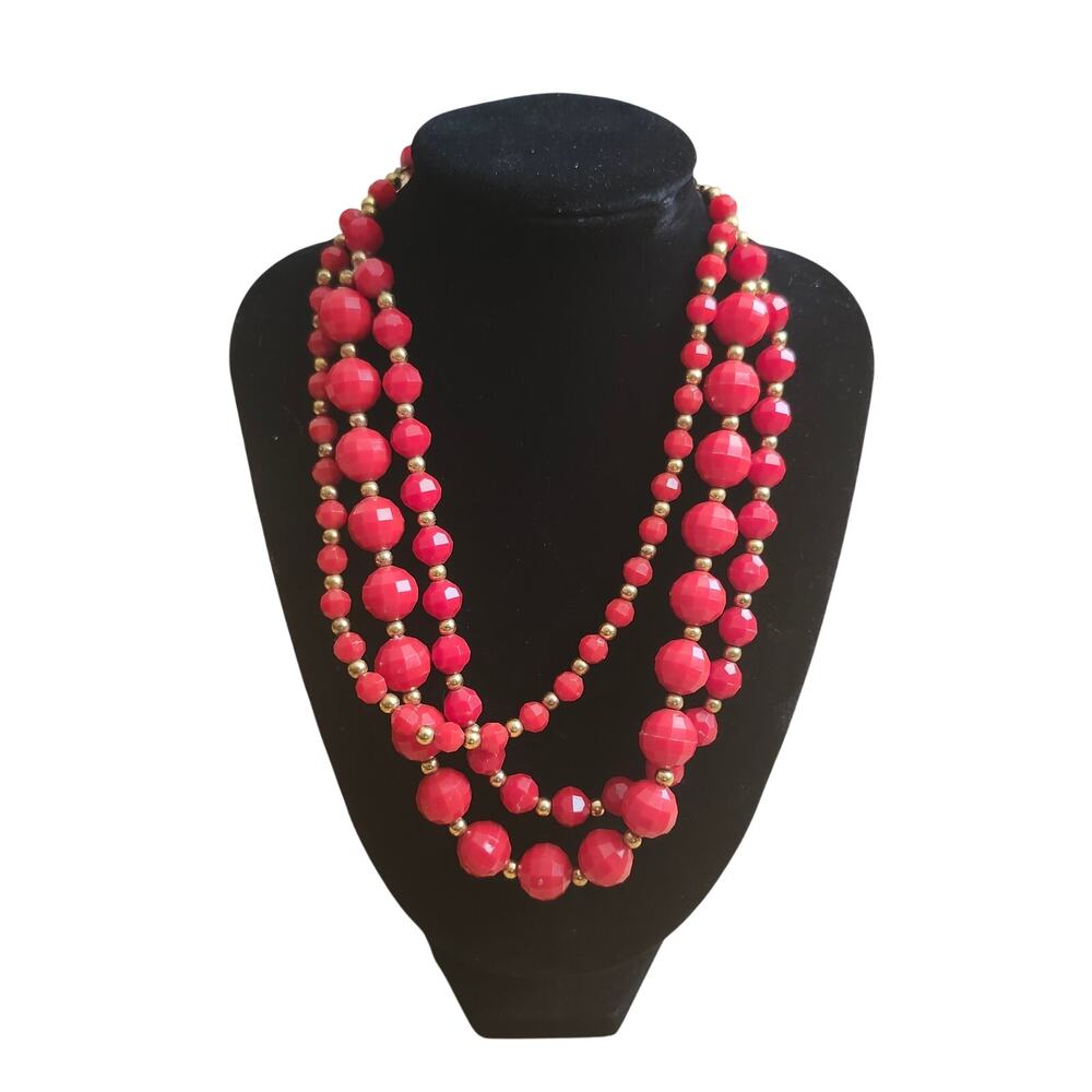 Red Plastic Bead Necklace Multi-Strand Layered Gold Tone Spacer Bib Statement